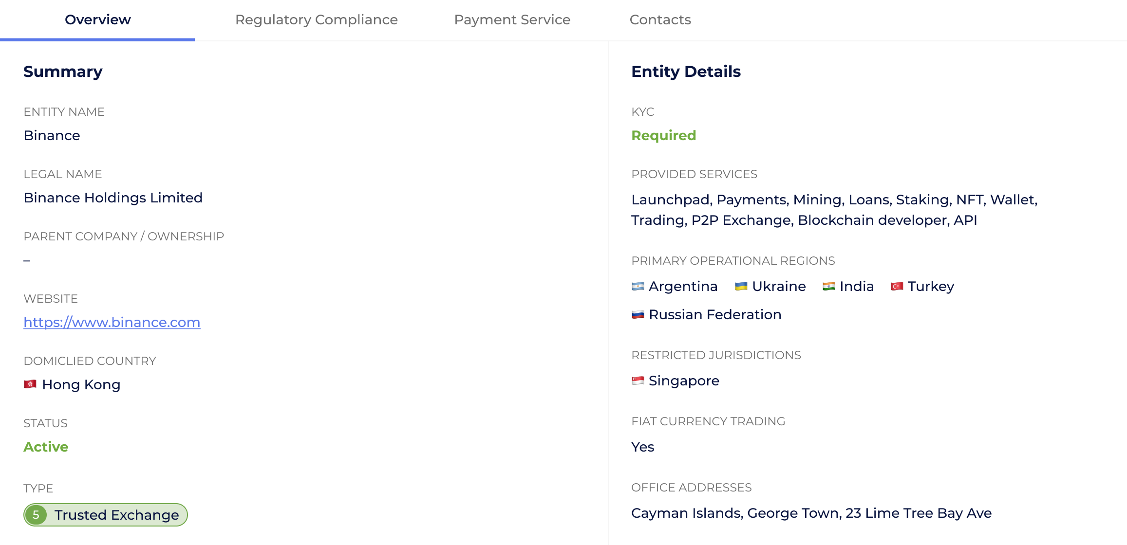 GL Entity Explorer screenshot showing data about Binance