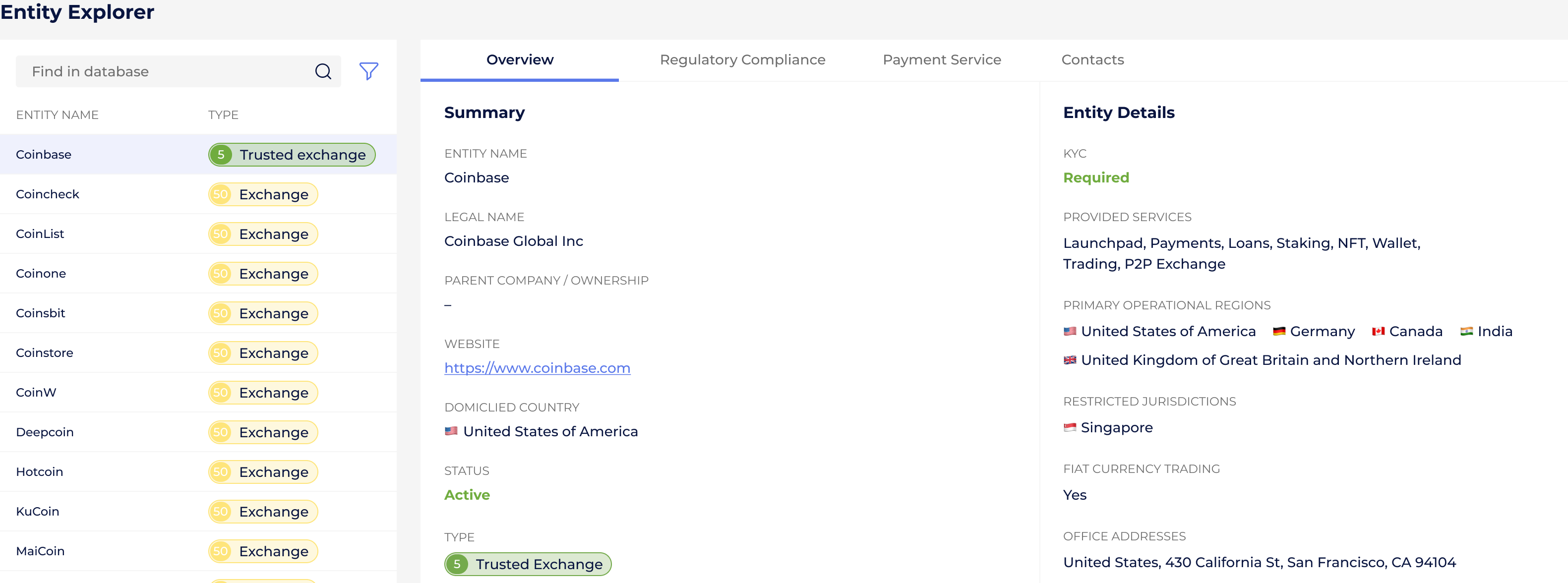GL Entity Explorer screenshot showing data about Coinbase