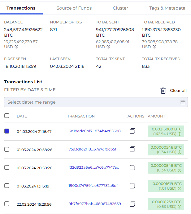 Screenshot from GL showing transactions to address 34xp…Twseo